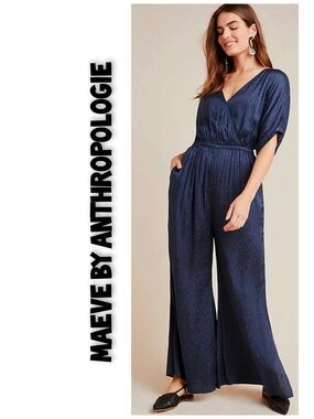 Maeve By Anthropologie Navy V-Neck Wide-Leg Jumpsuit Size M